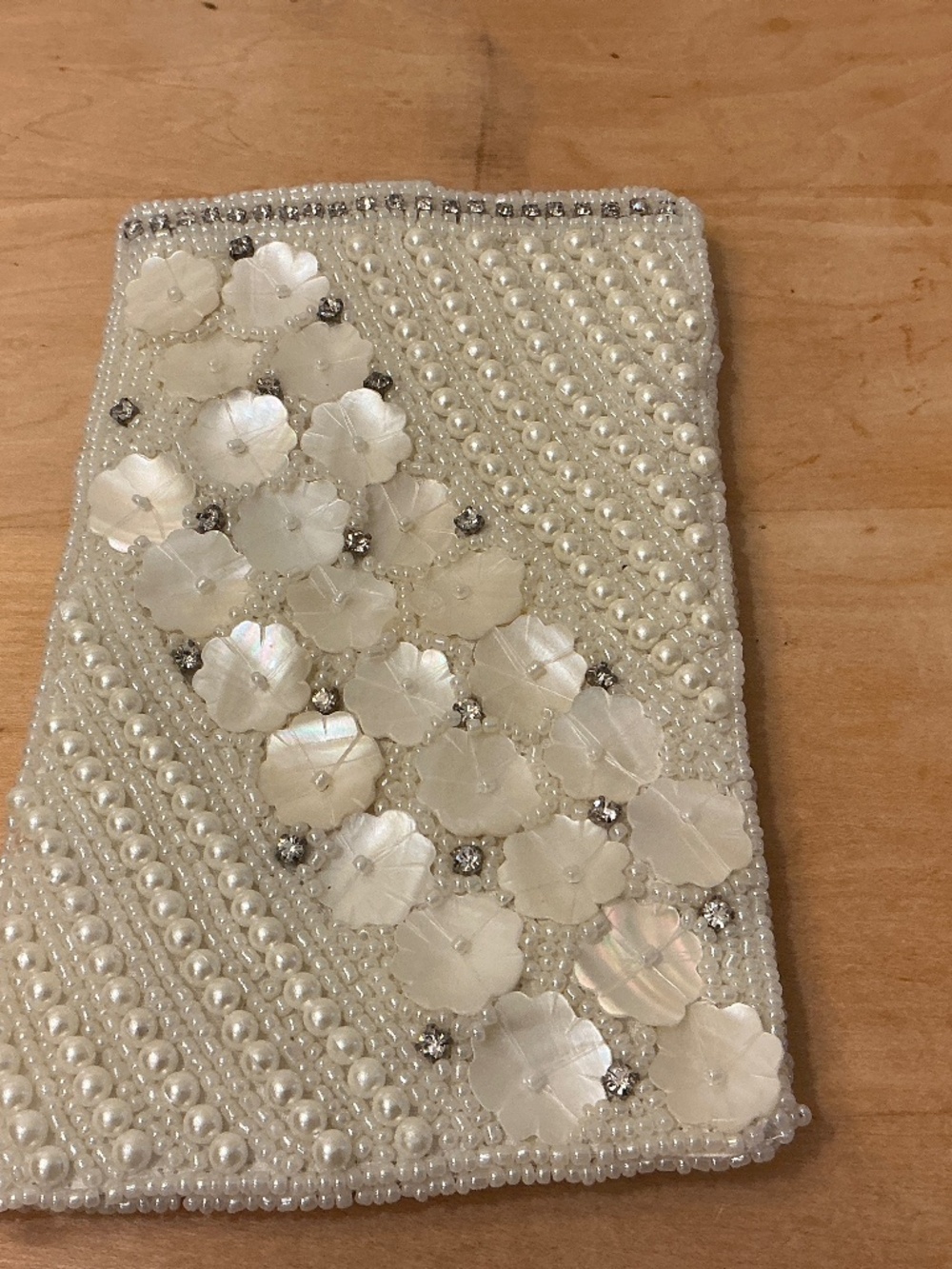 Embellished pearl beaded, shell flowers, rhinestone clutch pouch